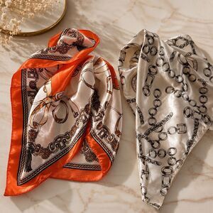 Lot of 2 Satin Scarf Scarves Chain Equestrian Print Square Hair Neck Retro Chic